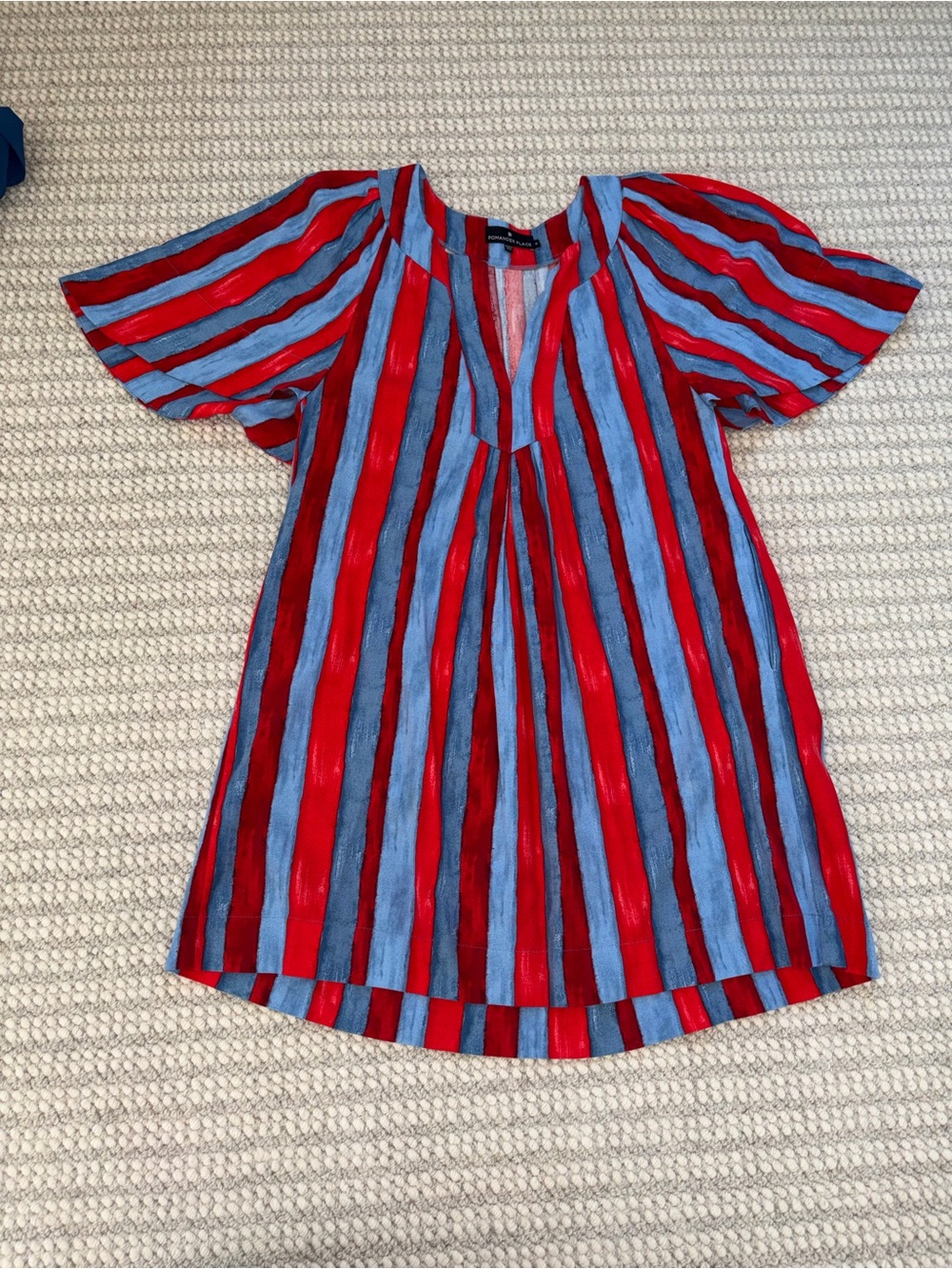 Pomander Place Red Blue Striped V-Neck Flutter Sleeve Dress Size Medium - Picture 2 of 2